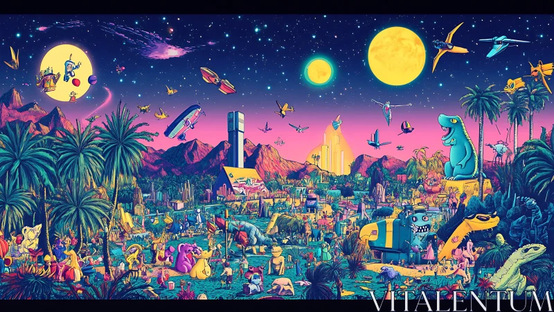 Neon sci‑fi carnival landscape merges dinosaurs and retro futurism