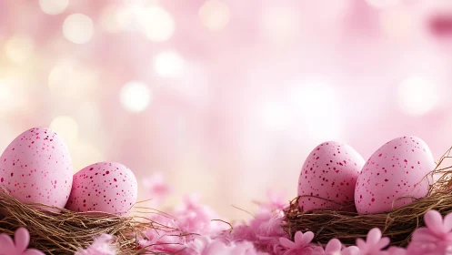 Soft pink speckled eggs resting in dreamy spring nests.