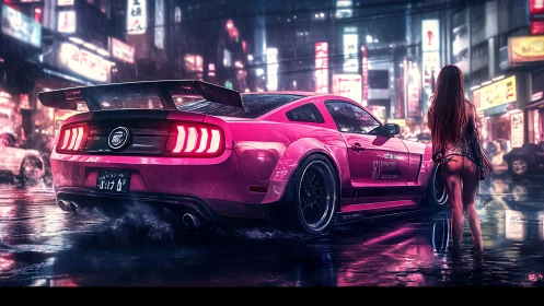 Neon pink muscle car under rain in cyberpunk city street.