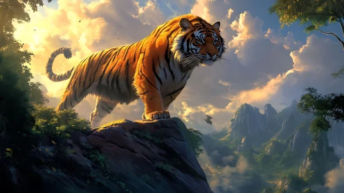 Tiger on elevated rock ledge in mountainous forest landscape.
