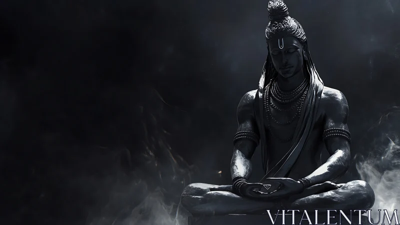 Dark meditative deity rendered in dramatic monochrome 3D.