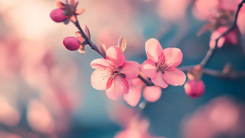 Spring Cherry Blossoms on Branch in Soft Focus.