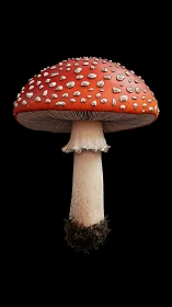 Fly agaric mushroom cross-sectional profile on pure black field