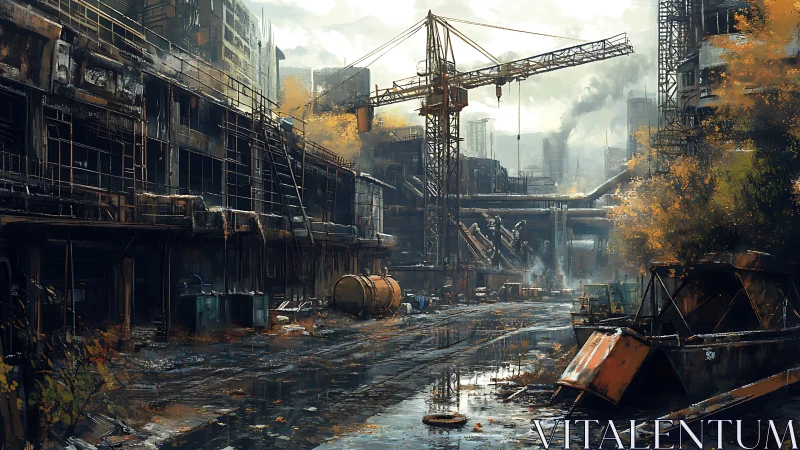 Post-industrial crane yard in atmospheric digital painting.