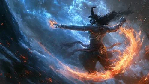 Dynamic elemental warrior manipulating opposed fire and water vortices