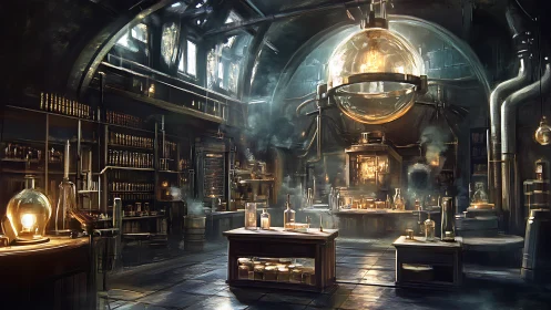 Vaulted steampunk alchemy lab under glowing glass sphere.
