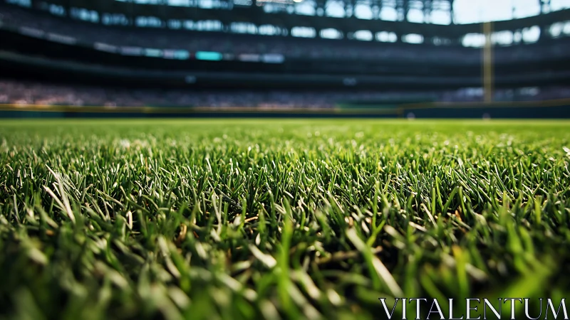 Close-up stadium turf shows sharp green grass in focus