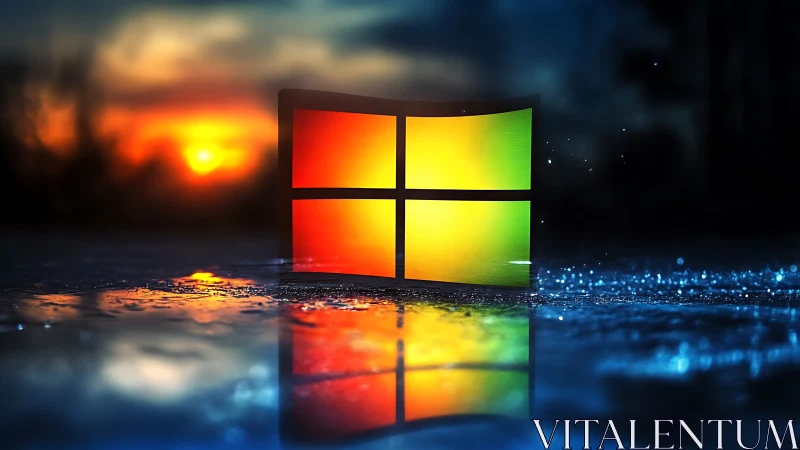 Backlit quadrants logo on reflective wet surface at dusk.