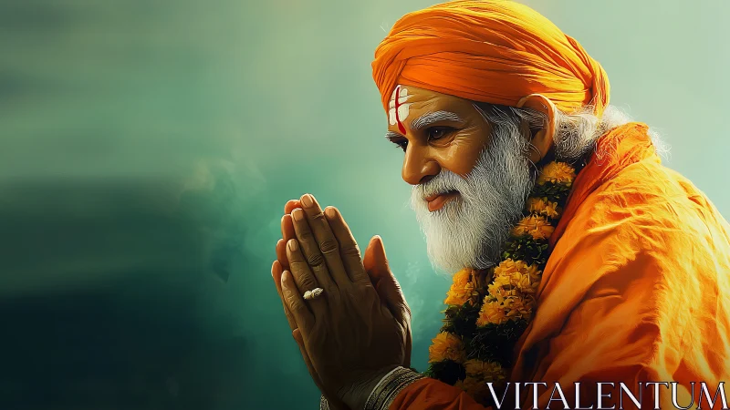 Digital portrait of elderly Hindu sage in prayerful pose.