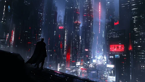 Dark caped figure overlooking neon soaked rainy city.