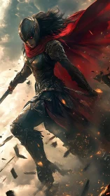 Armored warrior surges through firelit sky in mid-battle.