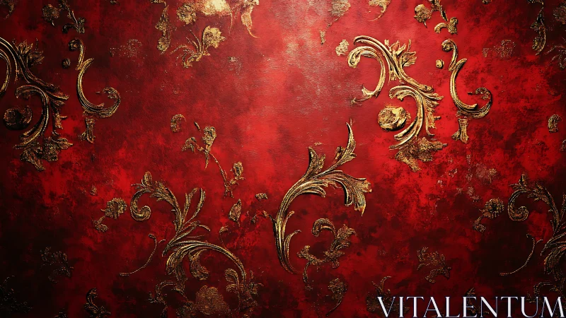 Red textured background with ornate gold floral scrolls.