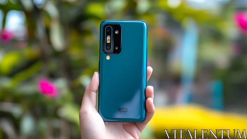 Teal Smartphone with Quad Camera in Garden Setting.