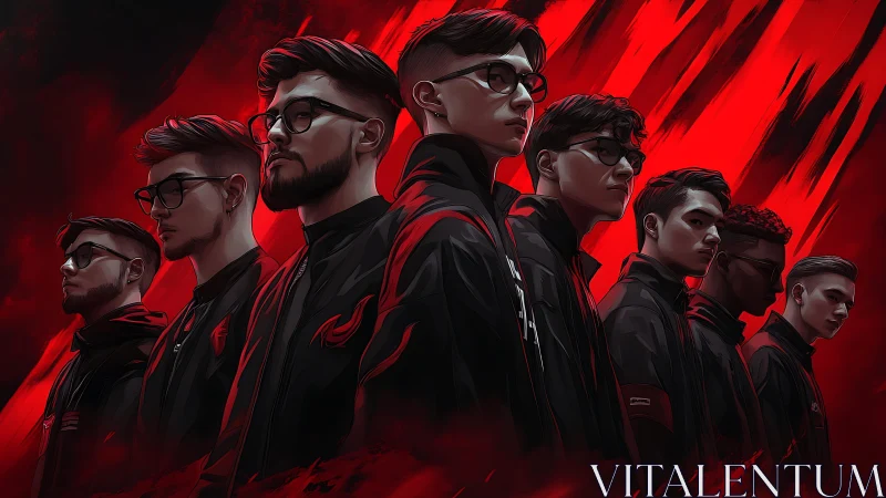 Esports team lineup in stylized red digital illustration.