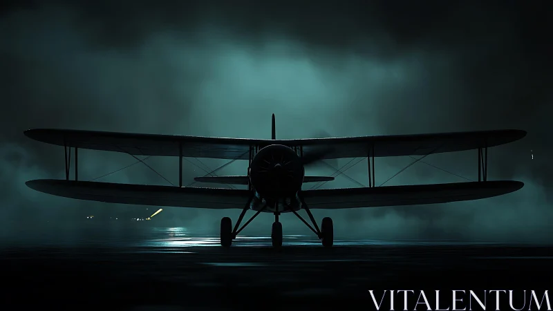 Vintage biplane silhouette over moody night runway fog.