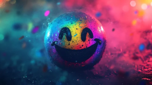 Smiling rainbow sphere glowing in a dreamy color storm.