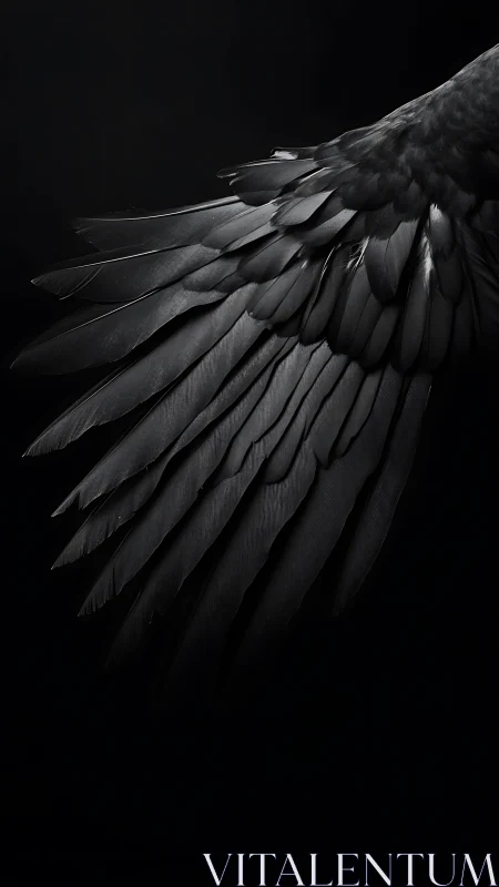 Monochrome detail of extended dark bird wing on black.