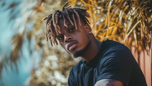 Confident young man in warm-toned outdoor portrait.