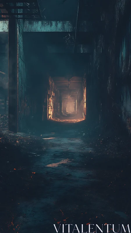 Cinematic corridor receding into fiery haze with noir atmosphere