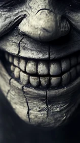 Close-up of cracked stone face with exposed teeth detail.