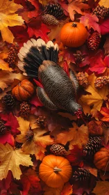 Harvest turkey centerpiece nestled in glowing autumn leaves.