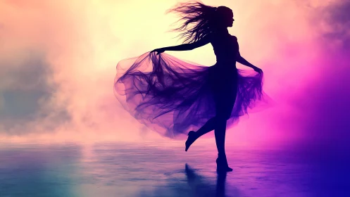 Silhouetted dancer moves through glowing pastel mist.