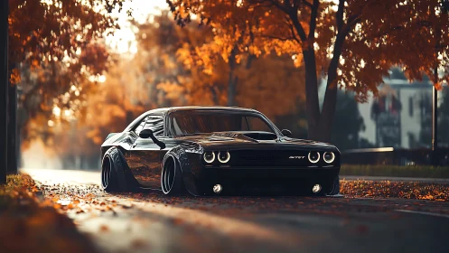 Widebody muscle car in autumn alley with cinematic bokeh lighting
