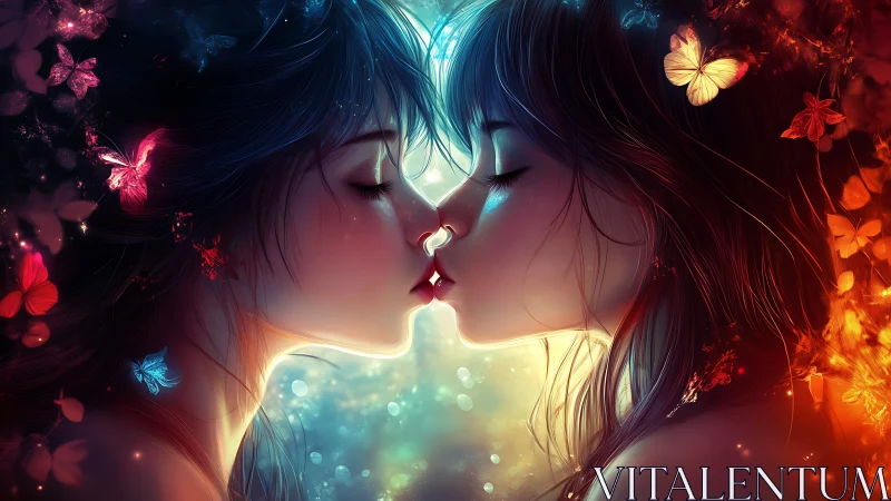 Two figures kiss surrounded by glowing light and butterflies.