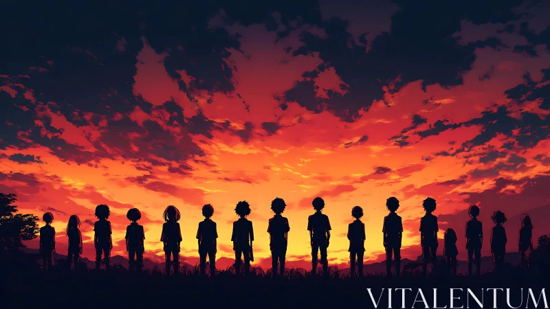 Silhouetted friends stand united beneath a burning sunset sky.
