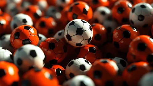 Playful mix of soccer balls in bright orange and white.