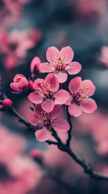 Pink Cherry Blossoms Cluster on Dark Branch in Soft Focus