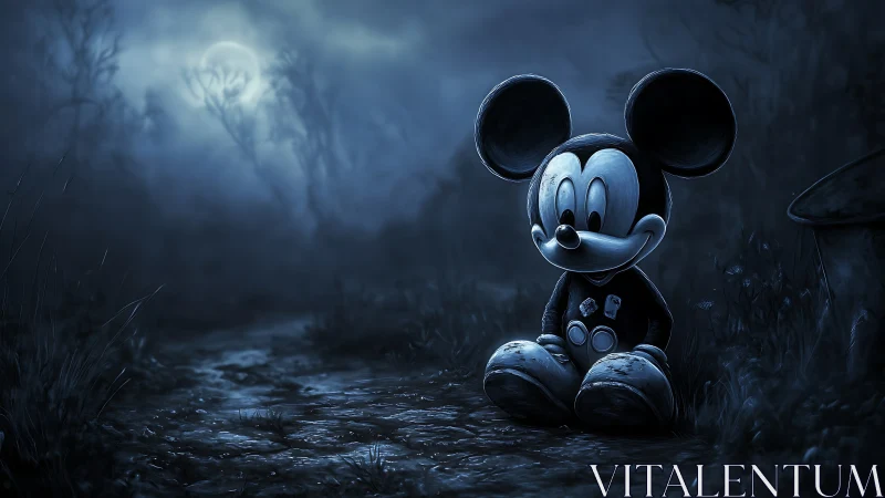 Cartoon mouse doll sitting alone in dark moonlit forest.