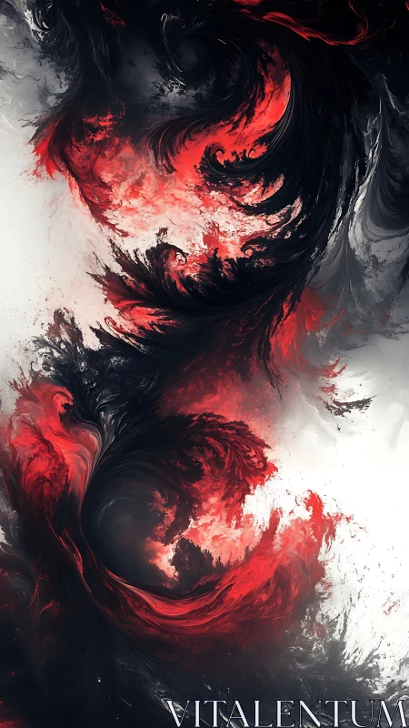 Crimson and black vortex curls through pale abstract void