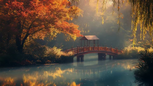Autumn garden bridge spans misted river in cinematic soft light