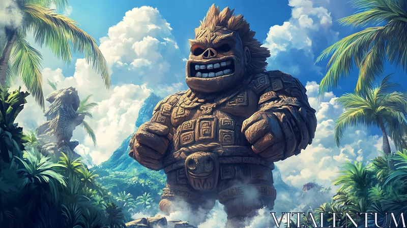 Giant carved stone tiki golem towers above tropical jungle