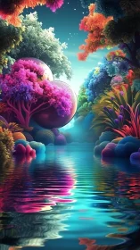 Chromatic alien lagoon with reflective orbs and neon canopy.