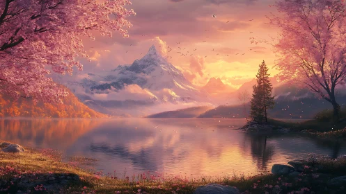 Sunlit mountain lake reflects cherry blossom shoreline