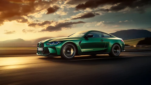 Emerald performance coupe slicing through sunset highway.