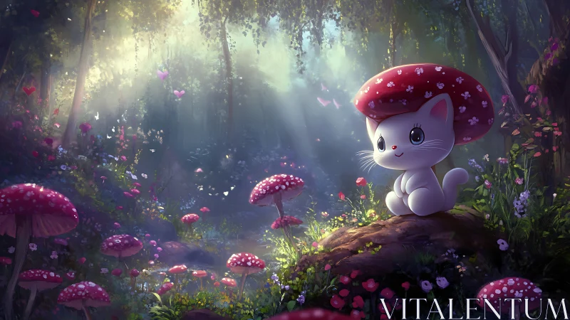 Cartoon cat with mushroom hat in softly lit forest scene.