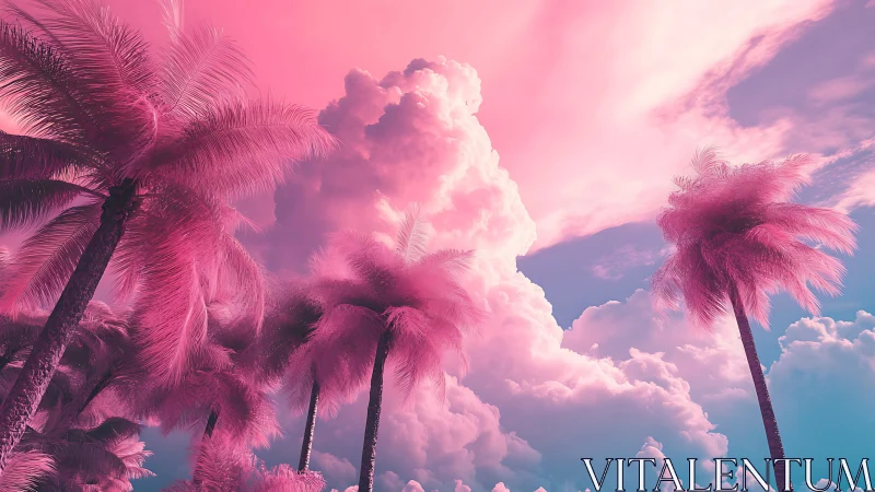 Pink palm trees stand under dense pastel clouds at sunset
