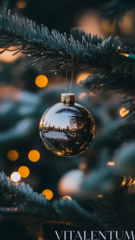 Glistening Christmas bauble reflects winter lights beautifully.