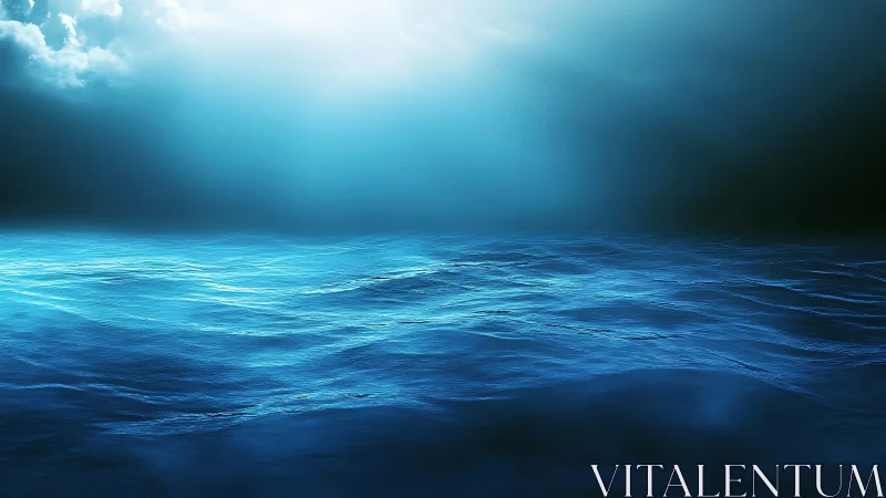 Luminous blue ocean surface shimmers under a vast moody sky