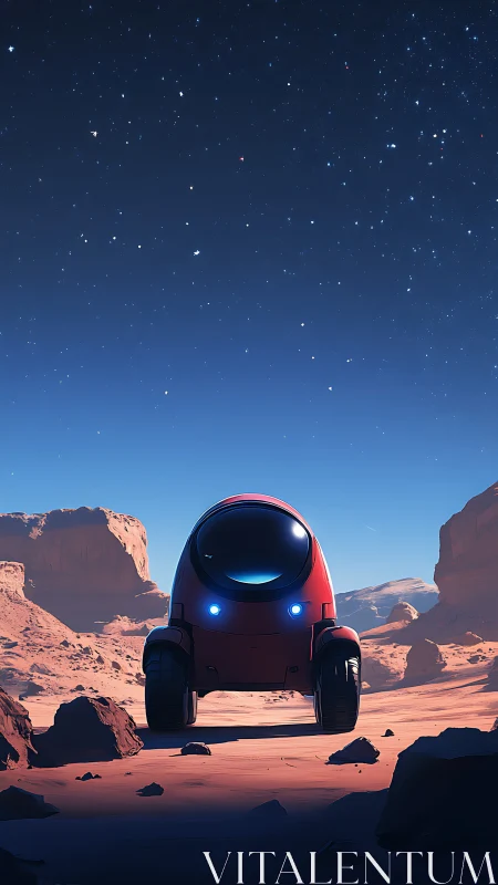 Stargazing rover hums across neon-lit Martian canyon sands.