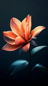 Orange flower bloom with blue leaves against dark background.