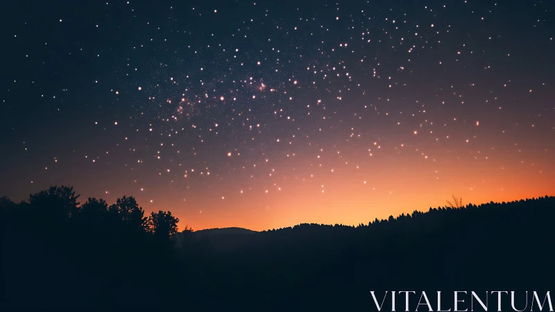 Star-filled dusk sky glows above a tranquil forest horizon