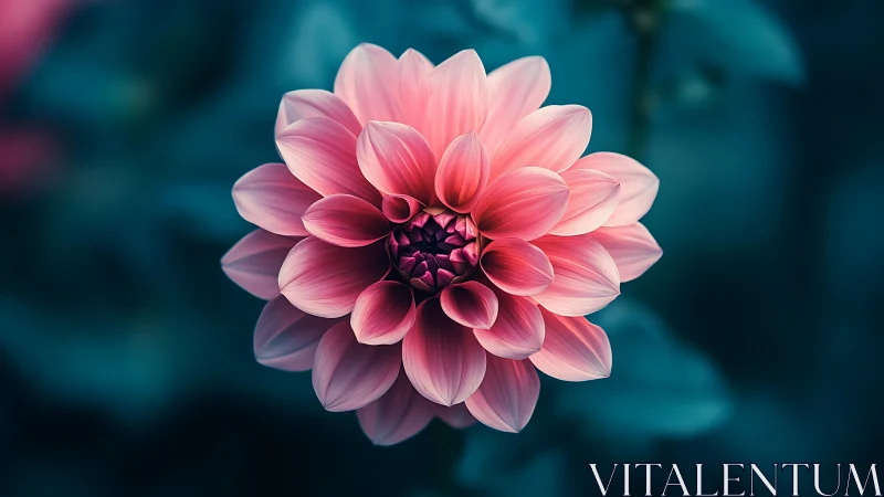 Pink Dahlia Flower Against Teal Blurred Background