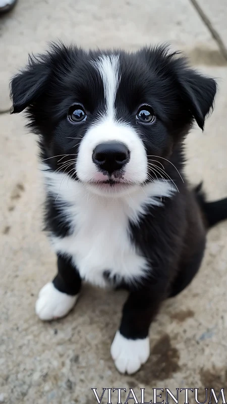 Photorealistic portrait of black and white puppy on concrete.