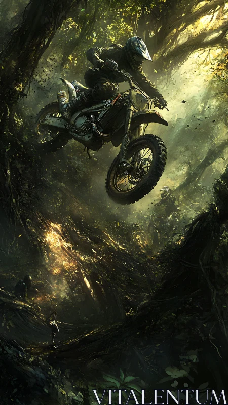 Motocross rider launches through dense sunlit jungle trail.