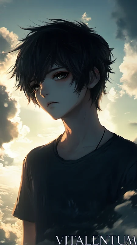 Soft twilight boy standing quiet between sun and clouds.