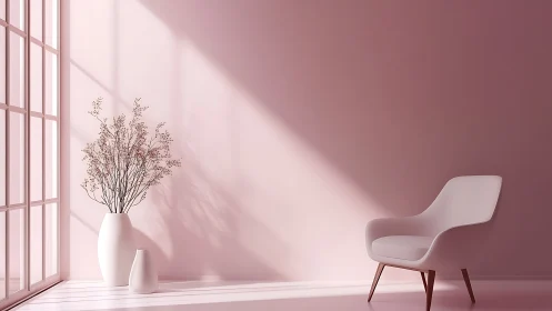 Soft pink minimal interior shows directional daylight and clean forms